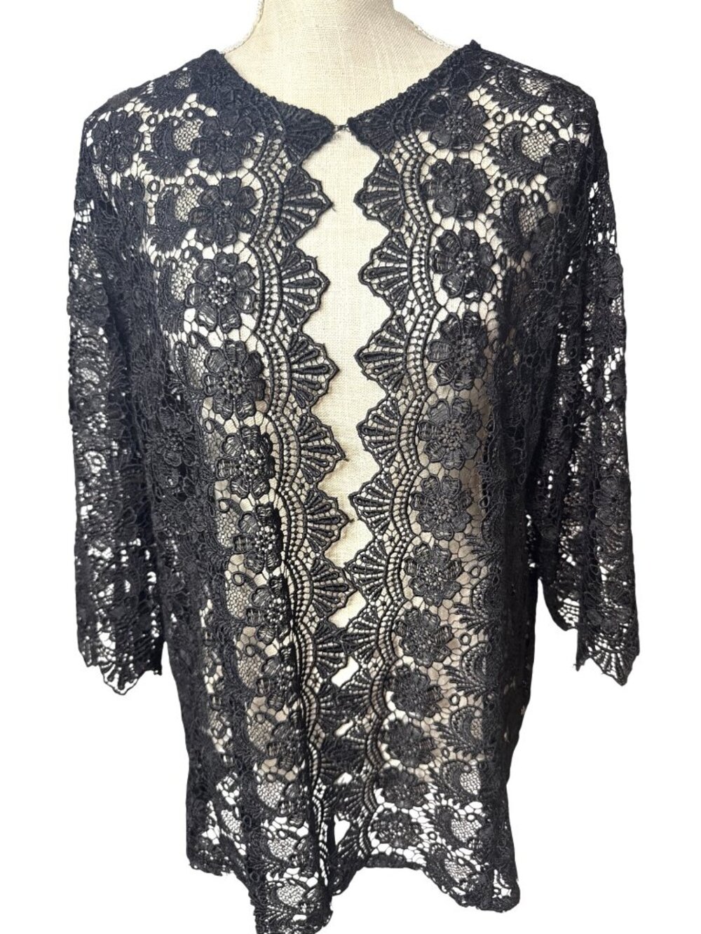 Black Floral Lace Handmade Open Elegant Cardigan 3/4 Sleeves Unique Design L